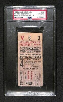 1928 World Series Yankees 3rd Ws Title Babe Ruth 3 Home Runs Hr's Ticket Psa