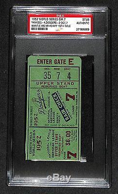 1952 WORLD SERIES GAME 7 TICKET YANKEES 15th TITLE MICKEY MANTLE HOME RUN #2 PSA
