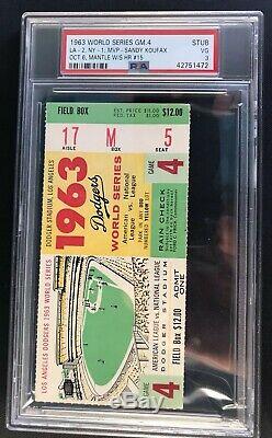 1963 World Series PSA Ticket Pass Koufax MVP Tops Ford/Mantle HR 15 NYY Dodgers