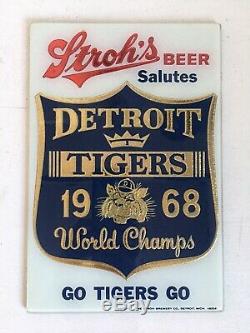 1968 Detroit Tigers World Series Champion Strohs Beer Glass Sign Mirror Display