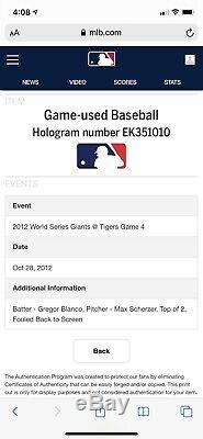 2012 Game Used World Series Baseball Game 4 San Francisco Giants Max Scherzer