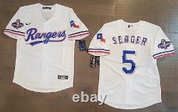 #5 Corey Seager Texas Rangers Stitched 2023 WS Champions Patch White Jersey