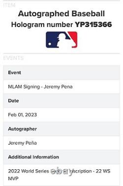 Jeremy Pena Astros Signed 2022 World Series Baseball Rookie Ws Mvp Auto MLB COA