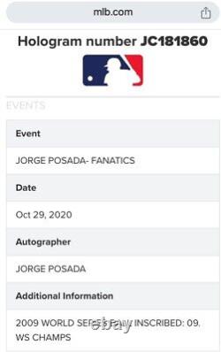 Jorge Posada Autographed 2000 World Series Baseball NY Yankees Inscription