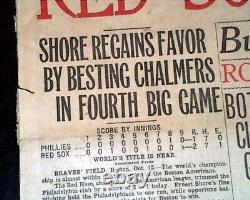 Terrific 1915 Boston Red Sox Wins World Series of Baseball in Game 4 Newspaper